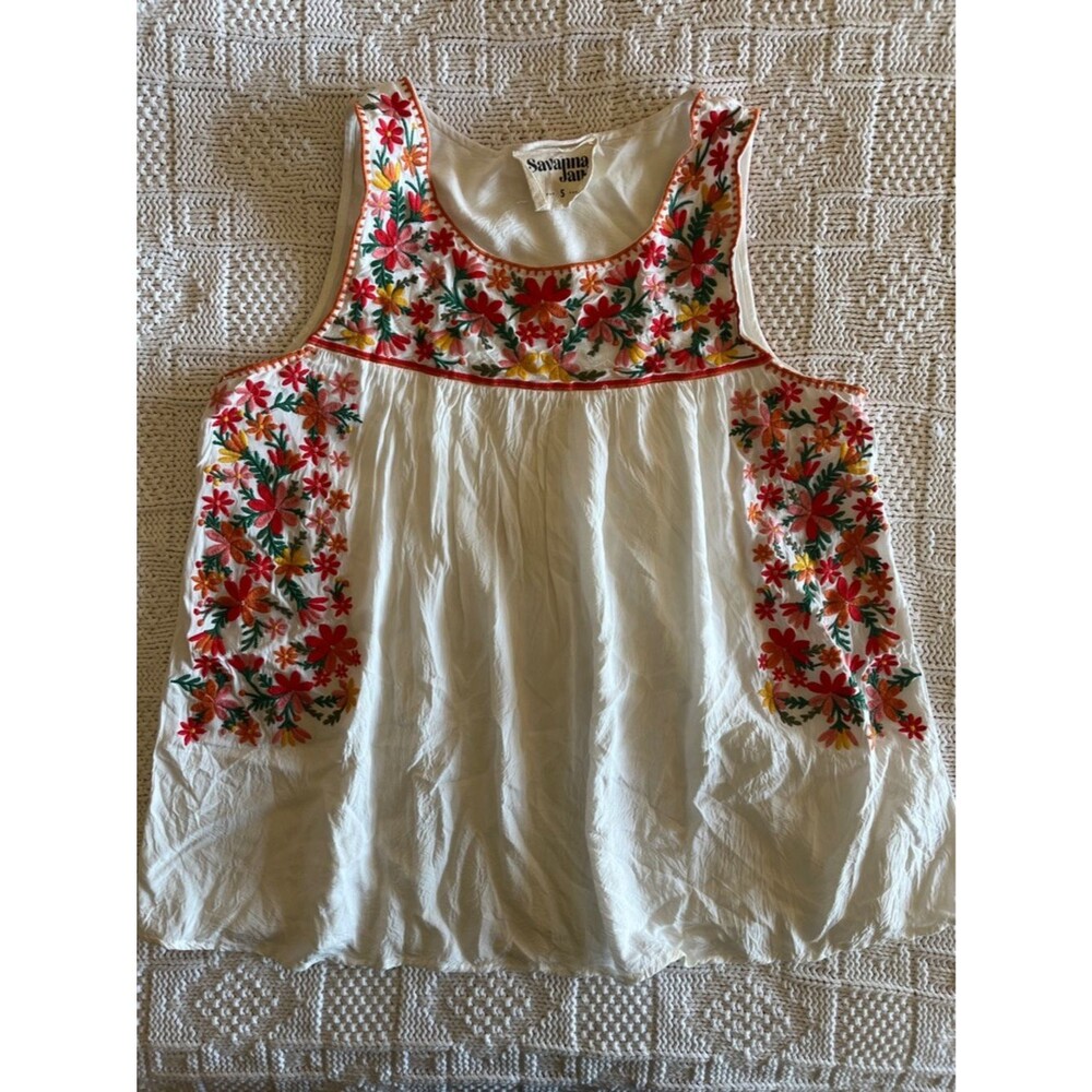Savanna Jane Floral Embroidered Sleeveless Relaxed Tunic Top Sz Small